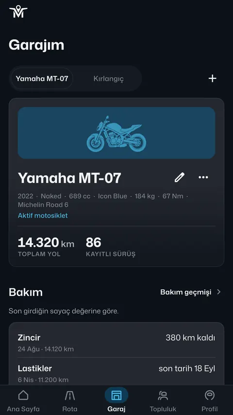MotoMap app, garage